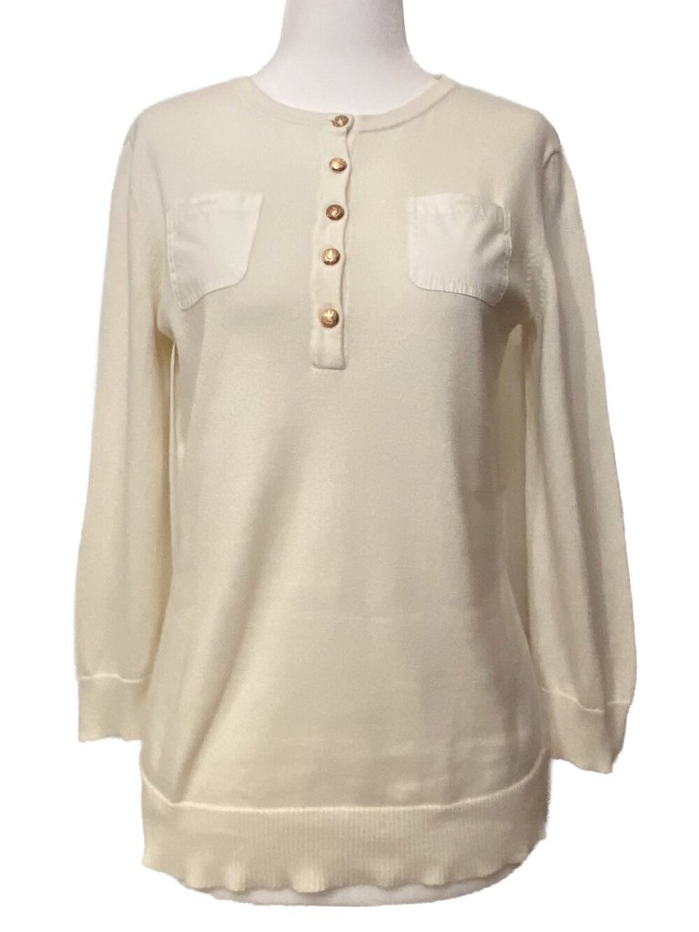 LAUREN Ralph Lauren Ivory Henley Sweater Gold Buttons‎ Medium Old Money Preppy S